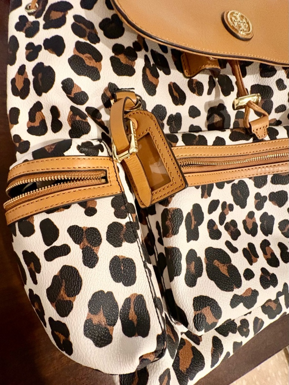 Tory Burch Leopard Print Drawstring Backpack with Tan Trim - Picture 5 of 7